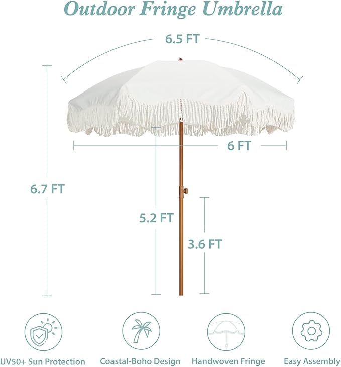 AMMSUN Boho Fringe Umbrella Outdoor Patio, 6.5ft UPF50+ Picnic Umbrella with Tassels with Steel Pole and Push Button Tilt, Antique White