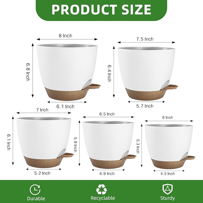 Plant Pots 8/7.5/7/6.5/6 Inch Self Watering Pots,5 Pack Planters with Drainage Holes and Saucers,Plastic Flower Pots,Nursery Planters for Indoor Outdoor Plants (White)