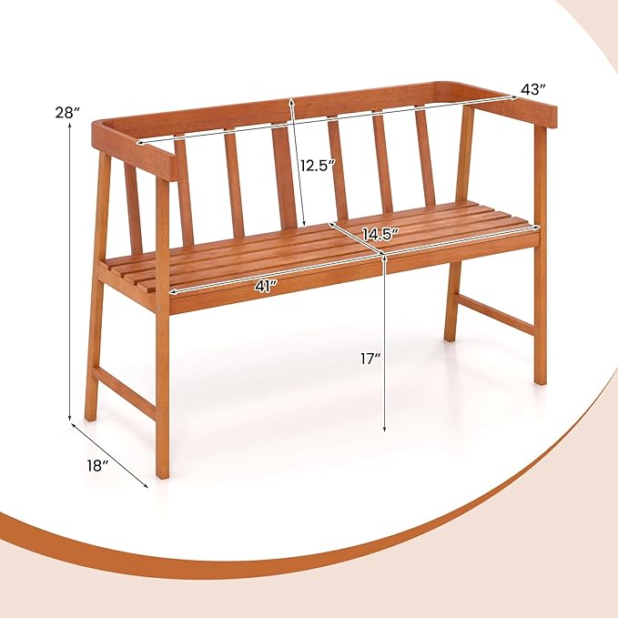 Tangkula Outdoor Eucalyptus Wood Bench, 2-Person Garden Bench with Backrest and Armrests, Garden Bench with Slatted Seat for Porch, Park, Backyard, 800 Lbs Max Load, 43” L x 18” W x 28” H, Natural