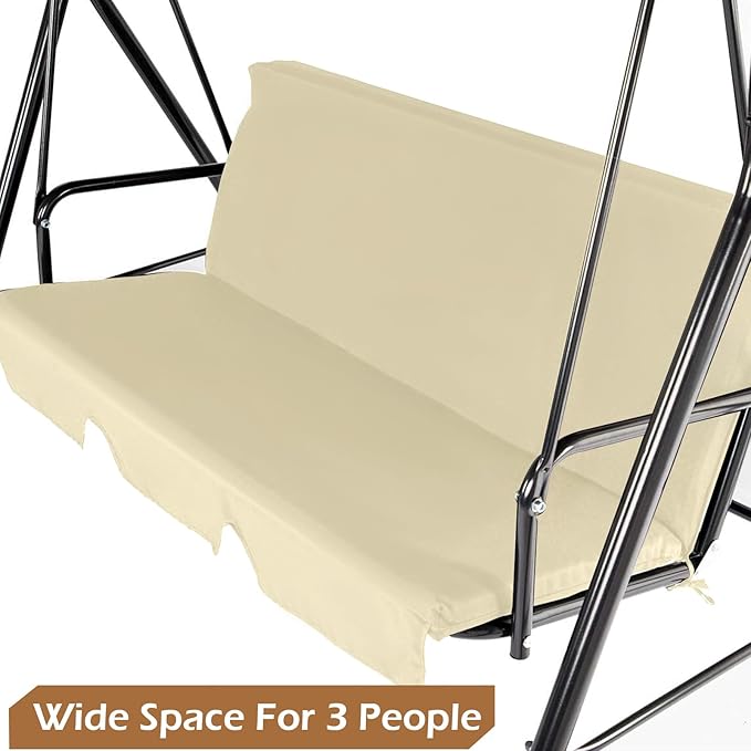 AECOJOY Porch Swing with Stand, 3-Seat Outdoor Clearance Porch Swings for Adults, Outdoor Patio Swing with Adjustable Canopy & Removable Cushion for Backyard, Garden, Balcony, Beige