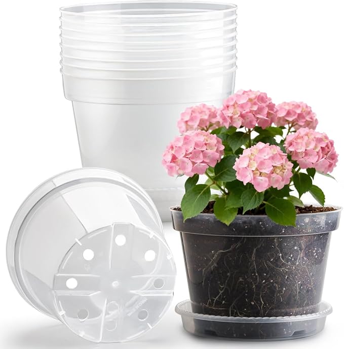 10 Pack 10 Inch Clear Nursery Pots with Saucers, Transparent Sturdy Plastic Plant Pots, Large Gardening Pots with Drainage Hole, Planting Starter Pot for Indoor Outdoor Flowers Herbs Vegetables