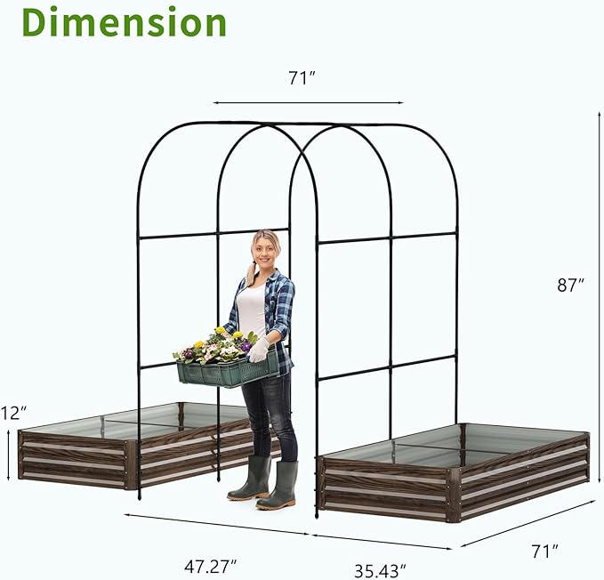 DoCred 3 in 1 Raised Garden Bed with 87in Tall Arch Trellis for Climbing Plants, Galvanized Planter Garden Box Outdoor for Gardening, Climbing Vegetables, Flower