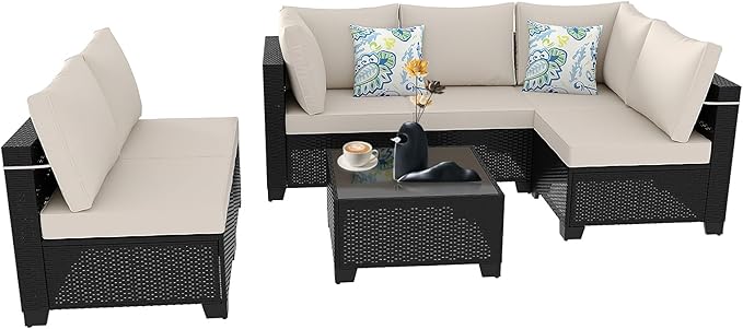 Outdoor Wicker Patio Furniture Set, Rattan Sectional Sofa Set with Thick Cushions (Coffee/Beige, 7 Piece Sofa Set)