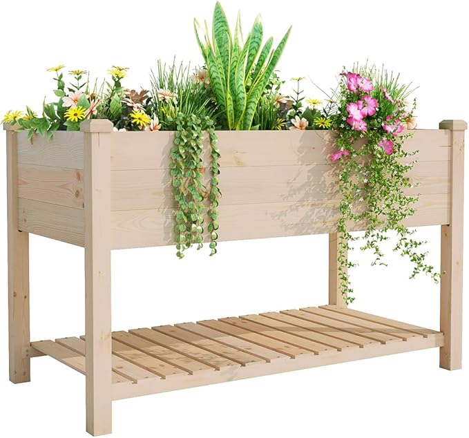 BIRASIL Outdoor Wood Raised Garden Bed, Elevated Reinforced Large Planter Box with Storage Shelf for Vegetable Flower Backyard Patio Gardening Balcony (48”L, Natural Wood)