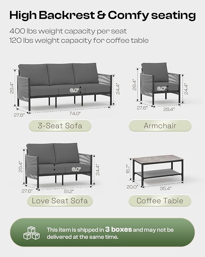Aluminum Outdoor Patio Furniture Set with Dual-Layer Coffee Table, 4 Piece Modern Patio Conversation Sets with PE Rope, Outdoor Sectional Sofa with Thick Cushions for Balcony, Deck, Charcoal