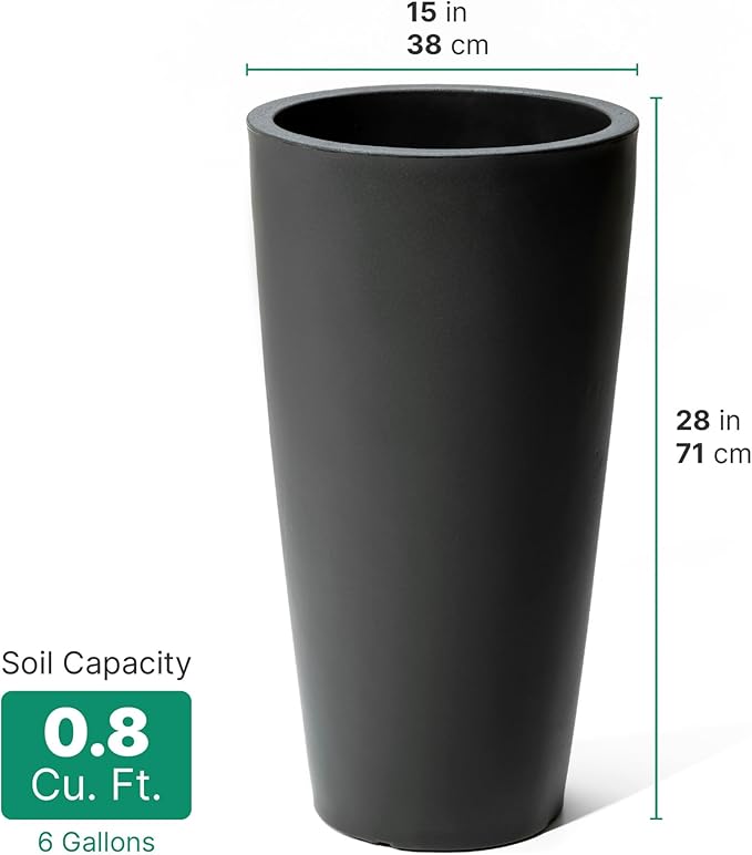 Step2 Tremont Tall Round Tapered Planter, 28" Tall 2-Pack, Indoor/Outdoor Plants, Efficient Drainage, Durable Resin, Onyx Black