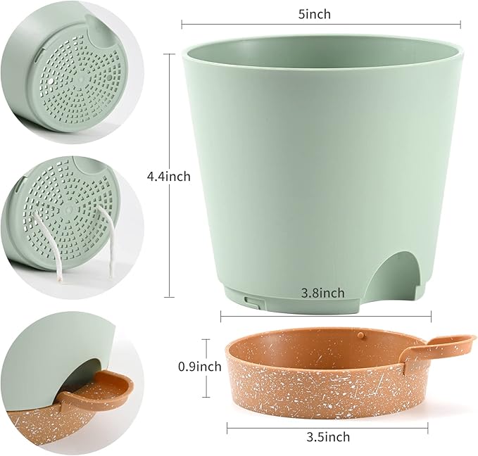 Plant Pots 6 PCS 5 inch Self Watering Planters High Drainage Flowers Pot for Indoor Outdoor Plants with Reservoir Tray and Watering Lip Gardening Planter Garden Flower Pots, Green