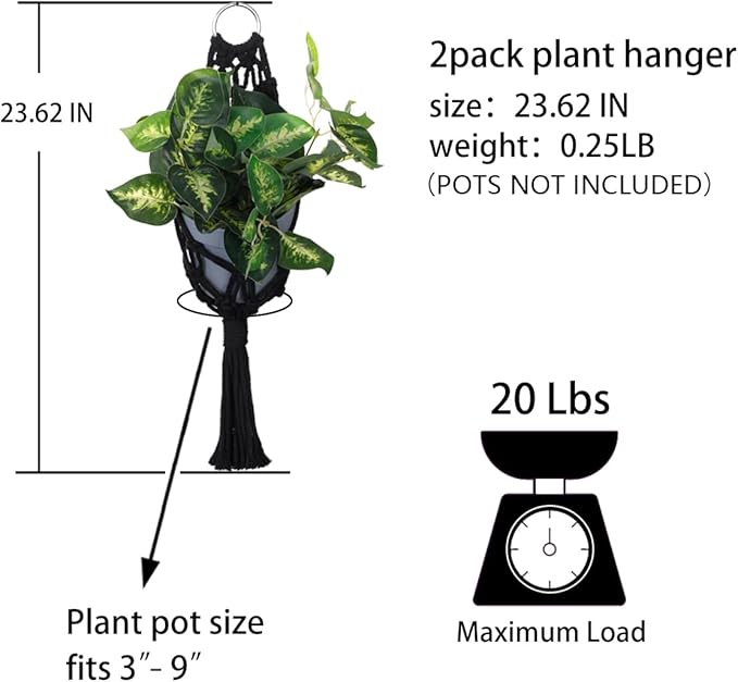 Artilady 2 Pack Black Macrame Plant Hanger Indoor - Large Hanging Planters for Wall Plants Holder Short Hademade Boho Farmhouse Rustic Home Decor (Black Plant Hanger-2pcs)