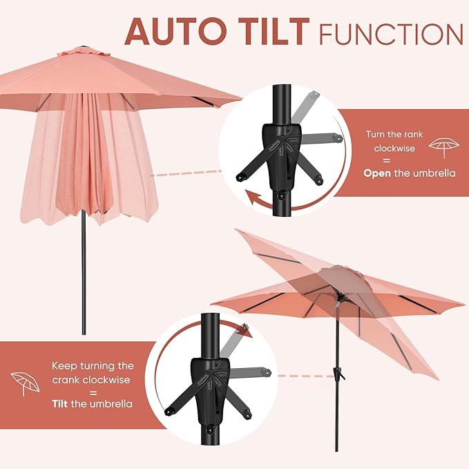 Tempera Patio Market Outdoor Table Umbrella with Auto Tilt and Crank, Large Sun Umbrella with Sturdy Pole & Fade Resistant Canopy, Easy to Set
