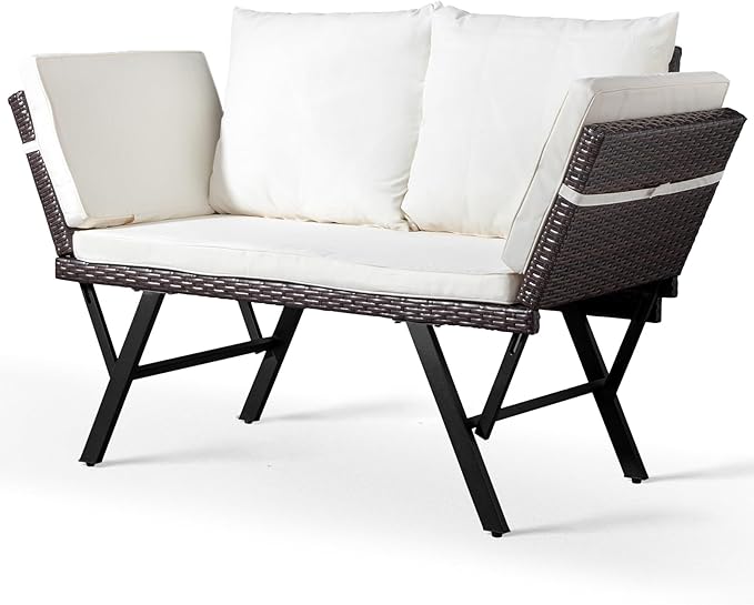 VINGLI Outdoor Loveseat, Woven Rattan Outdoor Sofa with Adjustable Armrests, Patio Loveseat with Removable Cushions and Pillows, Convertible Patio Couch for Yard Pool Balcony
