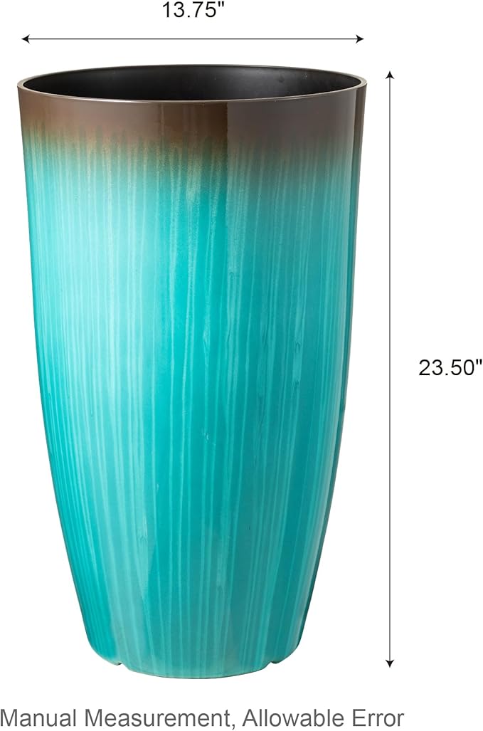 Glitzhome 23.5" H Tall Outdoor Planter, Set of 2 Large Tall Planters with Gradient Turquoise Faux Ceramic Finish, Large Flower Pots for Porch Garden Patio Indoor All Season Decor,with Drainage Holes