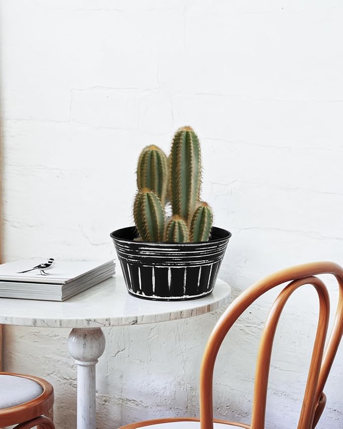vensovo 10 Inches Black Metal Rustic Plant Pots - 4 Pcs Large Shallow Galvanized Planters with Drain Hole and Rubber Plug, Rustproof Tin Bucket Succulent Pot Indoor Farmhouse Vintage Style for Decor