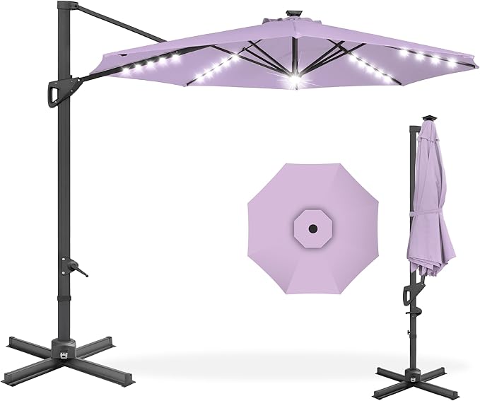 Best Choice Products 10ft Solar LED Cantilever Patio Umbrella, 360-Degree Rotation Hanging Offset Market Outdoor Sun Shade for Backyard, Deck, Poolside w/Lights, Easy Tilt, Cross Base