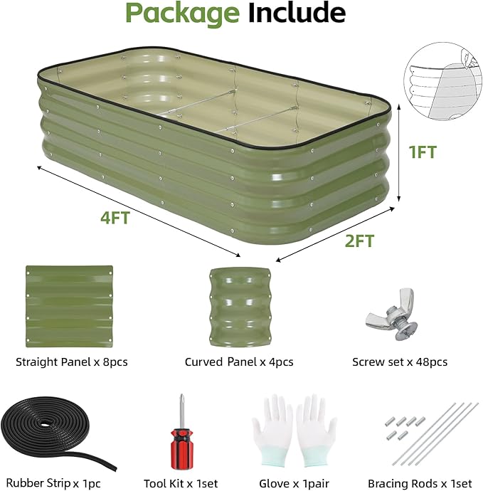 3-in-1 Modular Raised Garden Bed Kit - Adjustable Sizes (4x2x1ft, 3x3x1ft, 5x1x1ft) - Heavy-Duty Galvanized Steel Planter Box with Bracing Rods & Gloves for Vegetables, Fruits, Flowers