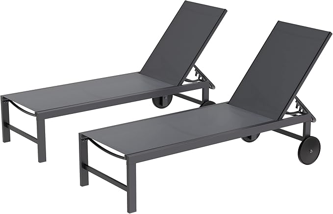 Shintenchi 2 PCS Outdoor Chaise Lounges Chair with Wheels Aluminum Reclining Patio Lounge Chairs with 5 Adjustable Position Recliner for Patio, Beach, Yard, Pool Patio Furniture Set,Dark Grey