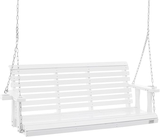 VEVOR Wooden Porch Swing 5.5FT with 2 Side Cup Holders, Heavy Duty 880lbs Patio Swing, Outdoor Swing Hanging Chair, Bench Swing with Adjustable Chains for Front Porch, Yard, Balcony, Garden, White