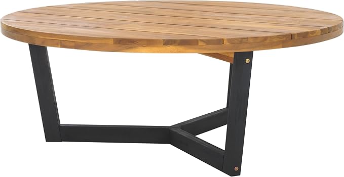 SAFAVIEH Outdoor Collection Leo Natural/Black Solid Wood Round Coffee Table