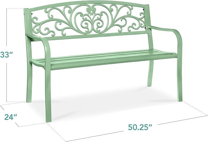 Best Choice Products Outdoor Bench Steel Garden Patio Porch Furniture for Lawn, Park, Deck w/Floral Design Backrest, Slatted Seat - Mint Green