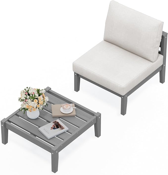 SERWALL HDPE Patio Furniture Set, 2 Pieces Outdoor Sectional Sofa Set, All-Weather Wood-Like Outdoor Sofa Couch with Coffee Table for Deck, Lawn, Grey Frame with Khaki Cushion