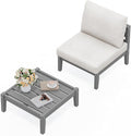 SERWALL HDPE Patio Furniture Set, 2 Pieces Outdoor Sectional Sofa Set, All-Weather Wood-Like Outdoor Sofa Couch with Coffee Table for Deck, Lawn, Grey Frame with Khaki Cushion