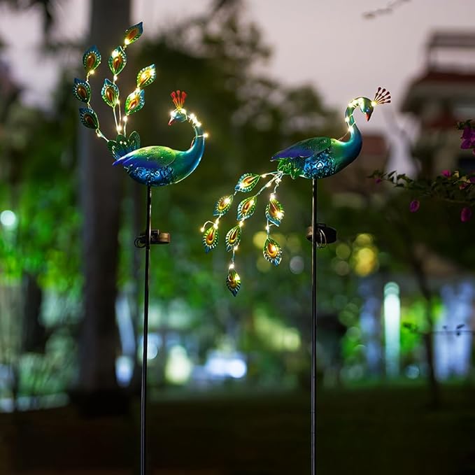 DREAMSOUL Peacock Solar Lights Outdoor 2 Pack, Waterproof Outdoor Solar Lights for Yard Pathway Peacock Garden Decor