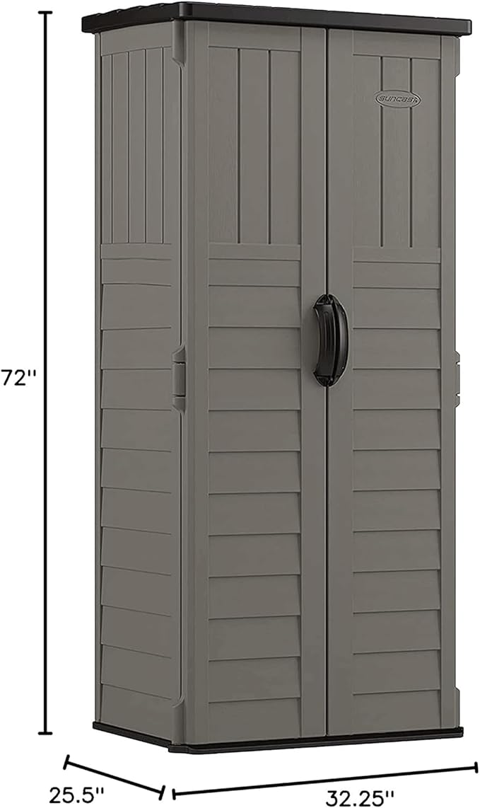 Suncast 22 Cubic Ft. Vertical Resin Outdoor Storage Shed with Lockable Double Doors, Weather-Resistant Multi-Wall Panels, Stoney