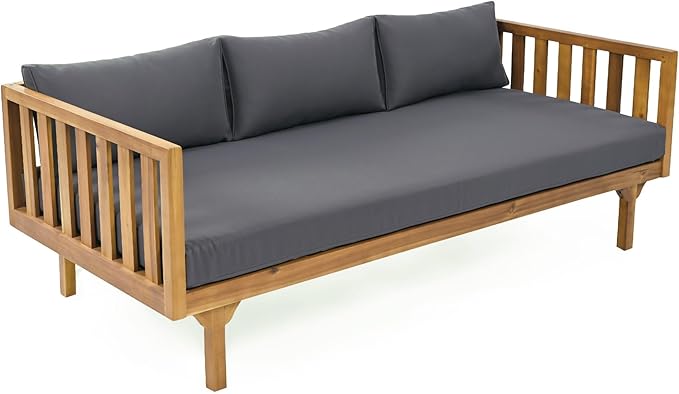 Merax Outdoor 3 Seater Daybed, Acacia Wood Day Bed Couch Sofa with Cushions for Patio Backyard, Garden, Dark Grey + Brown
