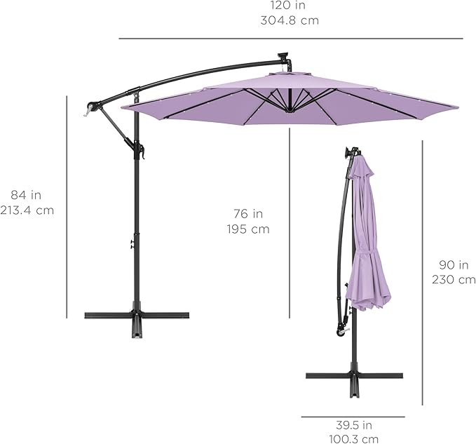 Best Choice Products 10ft Solar LED Offset Cantilever Hanging Market Patio Umbrella, 8 Sturdy Ribs, Easy Adjustment - Lavender