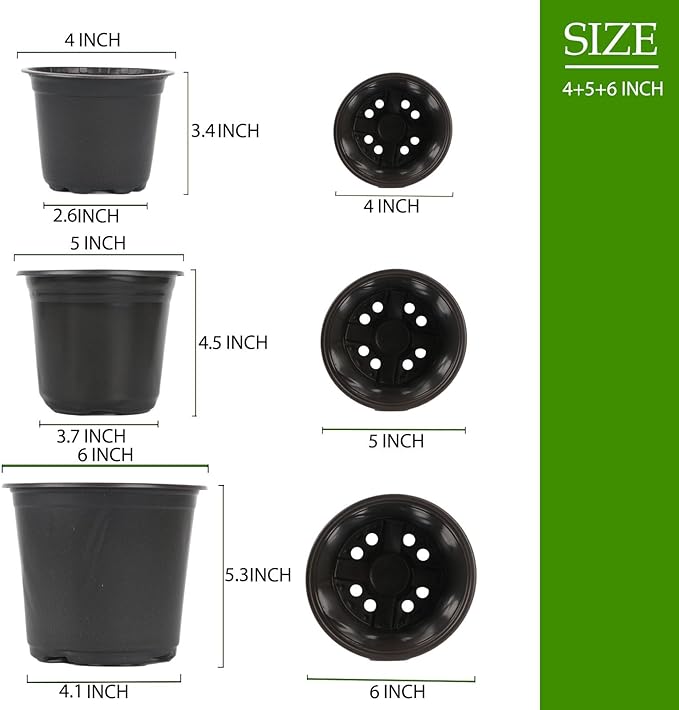 100 Packs Plastic Nursery Pots, 4 5 6 Inches Pots for Plants with Drainage Holes, Garden Pots Flower Plants containers for Seedlings, Succulents, Transplanting (100, 4 5 6 Inch)