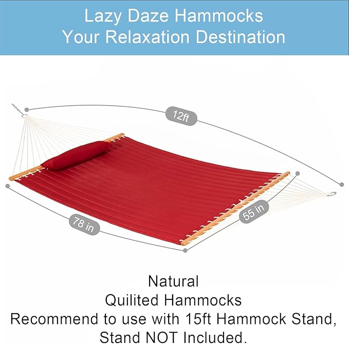 Lazy Daze Hammocks 12 FT Double Quilted Fabric Hammock with Spreader Bar and Detachable Pillow, 2 Person Hammock, 450lbs Weight Capacity, Burgundy