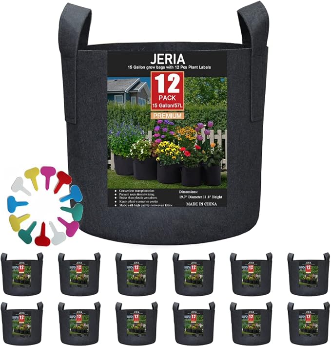 JERIA 12-Pack 15 Gallon Grow Bags, 300G Thickened Nonwoven Garden Pots,Heavy Duty Fabric Pots with Reinforced Handles