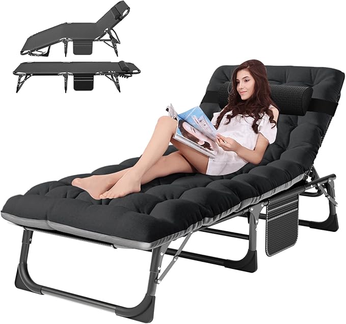 ABORON Heavy Duty Tanning Chair,Outdoor 5-Position Folding Chaise Lounge Chair with Pad,Portable Beach Lounge Chair for Outdoor Sunbathing Patio Pool Lawn Deck Poolside