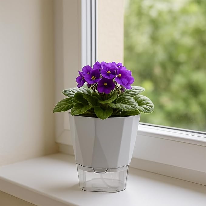 6 Pack Self Watering Plant Pots 5 Inches Self Watering Planters for Indoor and Outdoor Plants African Violet Self Watering Pots Clear Pots for Plants Herb Orchid Flower Houseplant Pots, Light Grey