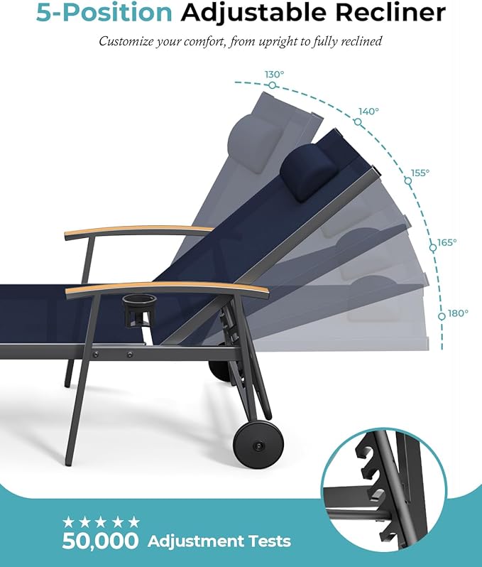 Ciokea Outdoor Lounge Chair with Pillow, 5-Position Aluminum Chaise Lounge with Wheels & Armrests, 400 lbs Heavy Duty Patio Pool Chair for Deck, Backyard, Beach & Poolside, Navy Blue