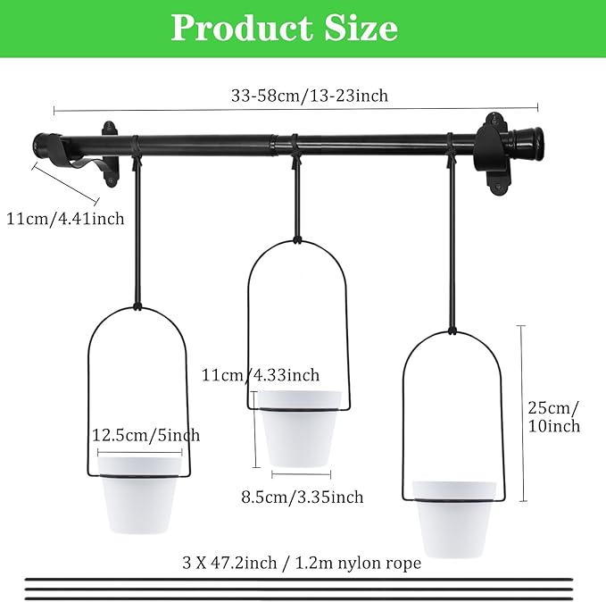 DOUBFIVSY Hanging Planters for Indoor Plants Plant Hanger, Adjustable Hanging Window Planter Hanging Wall Planter for Garden, 23in Plant Shelves Metal Holder Rod with Pots (Black)