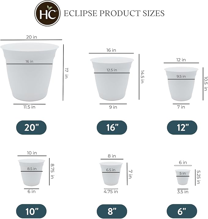 The HC Companies 8 Inch Eclipse Round Planter Pots with Drainage Holes & Attached Saucer, Lightweight UV-Resistant Plastic Indoor & Outdoor Planters, 6-Pack Flower Pots for Garden & Home Decor, White