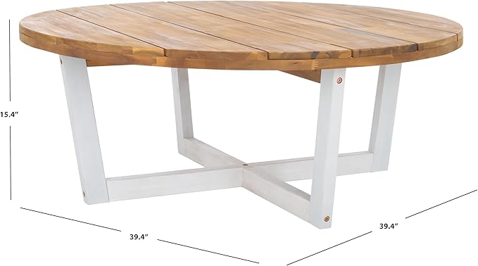 SAFAVIEH Outdoor Collection Leo Natural/White Solid Wood Round Coffee Table