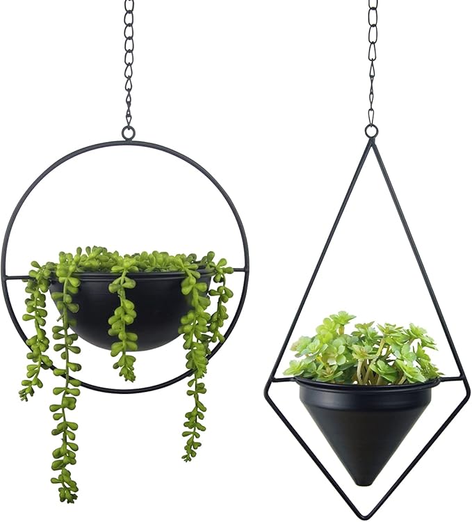 Metal Hanging Planters, Modern Plant Hanger with Pots, Set of 2 Black Plant Holders in Diamond and Round Shape, Small Wall and Ceiling Planter for Indoor Plants, Home Décor- Black