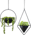 Metal Hanging Planters, Modern Plant Hanger with Pots, Set of 2 Black Plant Holders in Diamond and Round Shape, Small Wall and Ceiling Planter for Indoor Plants, Home Décor- Black