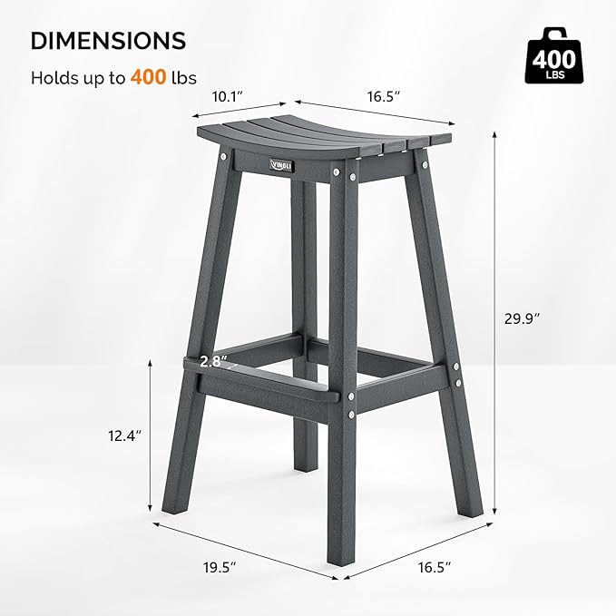 VINGLI 29" Outdoor Bar Stools Set of 2, HDPE Poly Lumber Bar Chairs with Footrest, Weather Resistant Patio Barstools for Bar, Kitchen Counter, Yard (Gray, 29 Inch 2 PC)