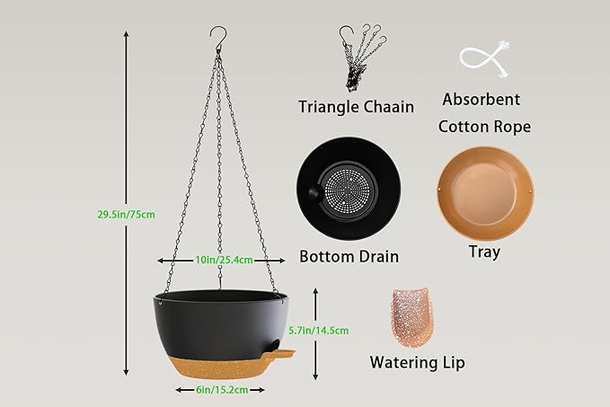 Hanging Planters, 3-Pack 10 Inch Self-Watering Pots with Drainage Holes and Chains, Matte Plastic Planters for Indoor/Outdoor Plant（Black Brown）