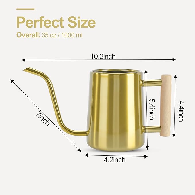 Watering Can Indoor Plants, 35 oz/1000 ml Metal Stainless Steel Watering Can Pot with Long Spout for Indoor House Plants Bonsai Outdoor Garden Flower Decorative (Gold)