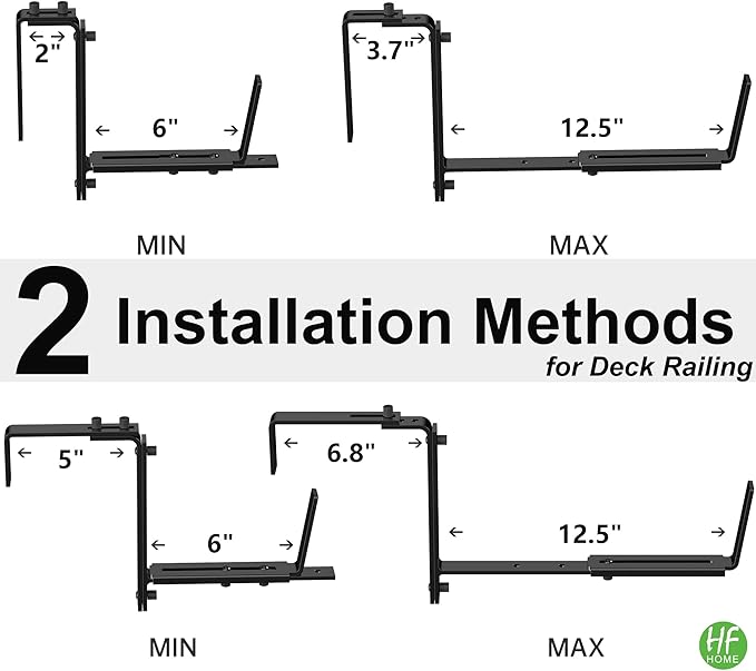 HFHOME 2PCS Adjustable Planter Box Brackets, Brackets for Window Boxes Planters Hanging Flower Box Holders, Wall Mount Holder for Windowsills, Garden, Fences, and Balcony - Black (Patent Registered)