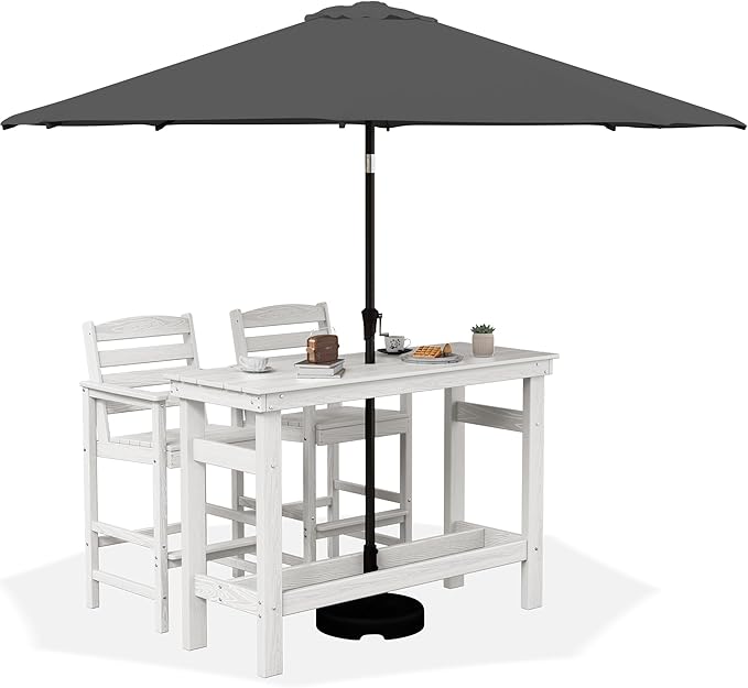 SERWALL Outdoor Bar Set with 9ft Umbrella, All-Weather HDPE Patio Bar Chairs and Table, Outdoor Furniture Set for Poolside, Backyard, Garden - White