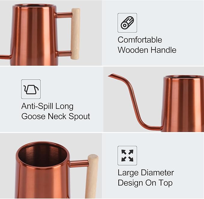 Watering Can Indoor Plants, 35 oz/1000 ml Metal Stainless Steel Watering Can Pot with Long Spout for Indoor House Plants Bonsai Outdoor Garden Flower Decorative (Copper)