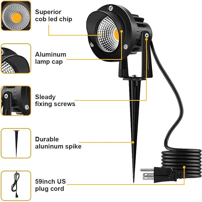 Romwish 120V LED Landscape Spotlights, 10W Outdoor Spotlights for Yard, 3000K Warm White, 120V AC Spot Light with Ground Spike, Waterproof Landscape Lighting for House Garden Lawn Decorative - 2 Pack
