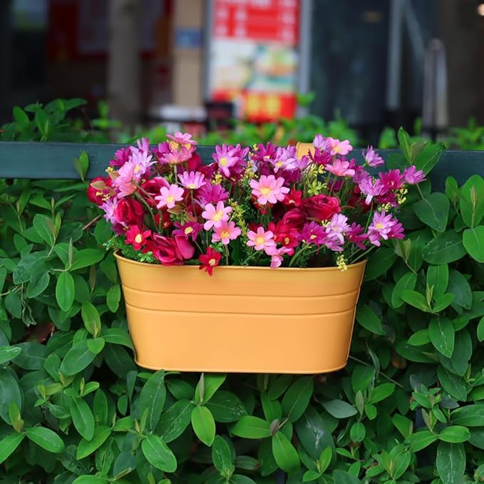 3 Pack Metal Railing Planters, 10.5" Oval Hanging Flower Pots with Detachable Hooks & Drainage Holes, Fits Rails up to 2.36", Galvanized Iron Fence Bucket for Balcony Garden Patio - Orange