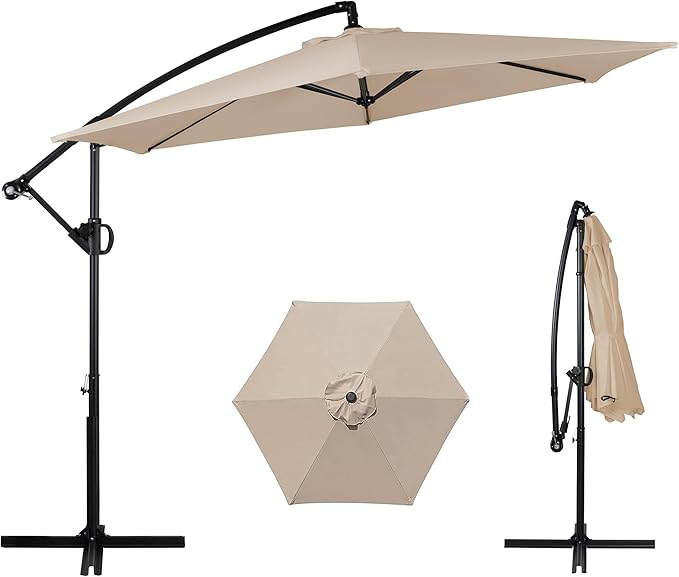 Shintenchi Patio Offset Umbrella with Easy Tilt Adjustment,Crank and Cross Base, Outdoor Cantilever Hanging Umbrella, Sunshade Free Standing Canopy, Khaki