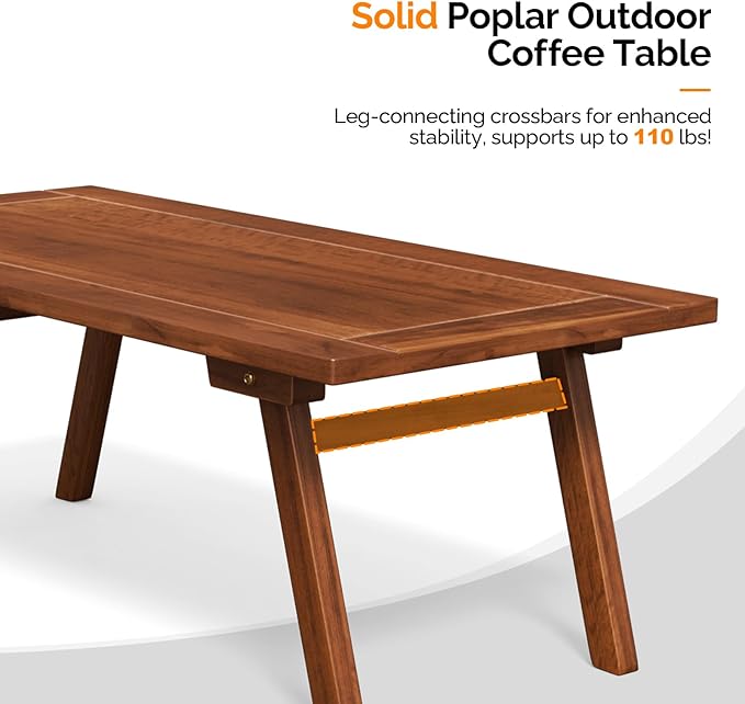 VINGLI Outdoor Folding Coffee Table, Natural Poplar Wood Patio Coffee Table, No Assembly Required, Ideal for Balcony, Porch, and Living Room, Rectangle, Natural