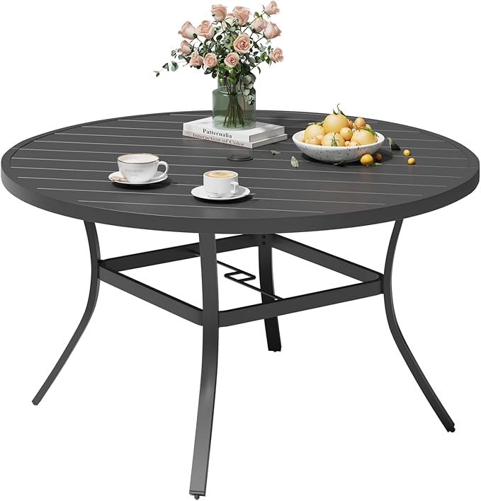 MELLCOM 53'' Round Outdoor Dining Table for 6, Metal Patio Dining Table with Umbrella Hole, All-Weather Black Table for Porch, Garden, Backyard, Poolside, Lawn